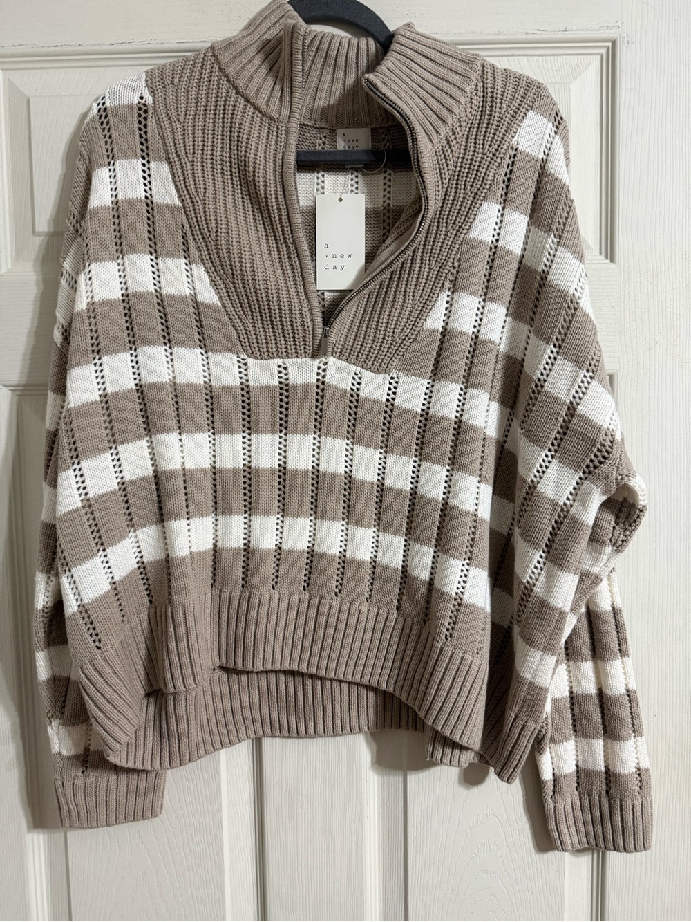 a new day Taupe and White Half-Zip Cowl Sweater